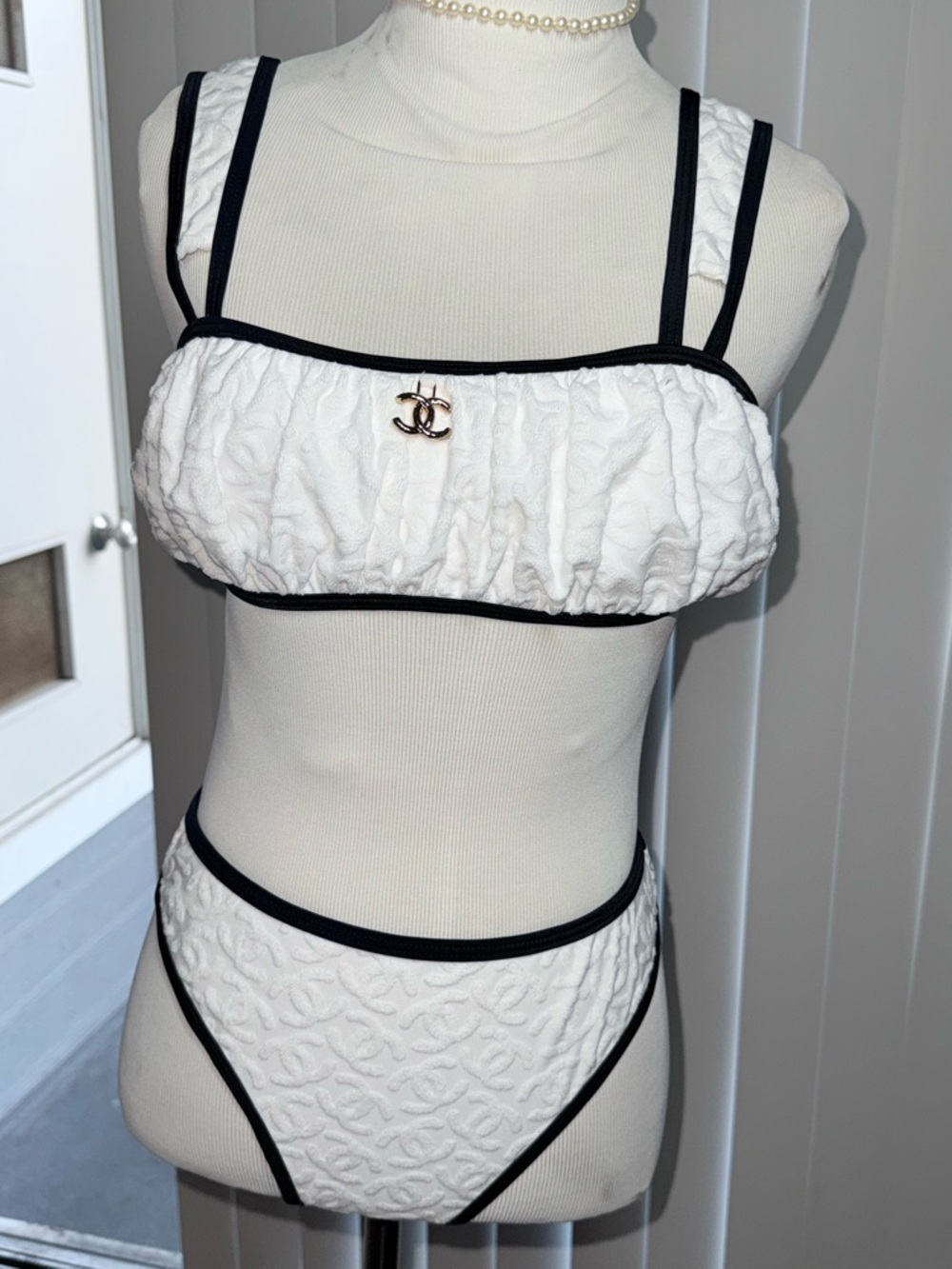 CHANEL White Quilted Black-Trim Bikini Set with Gold CC Accent